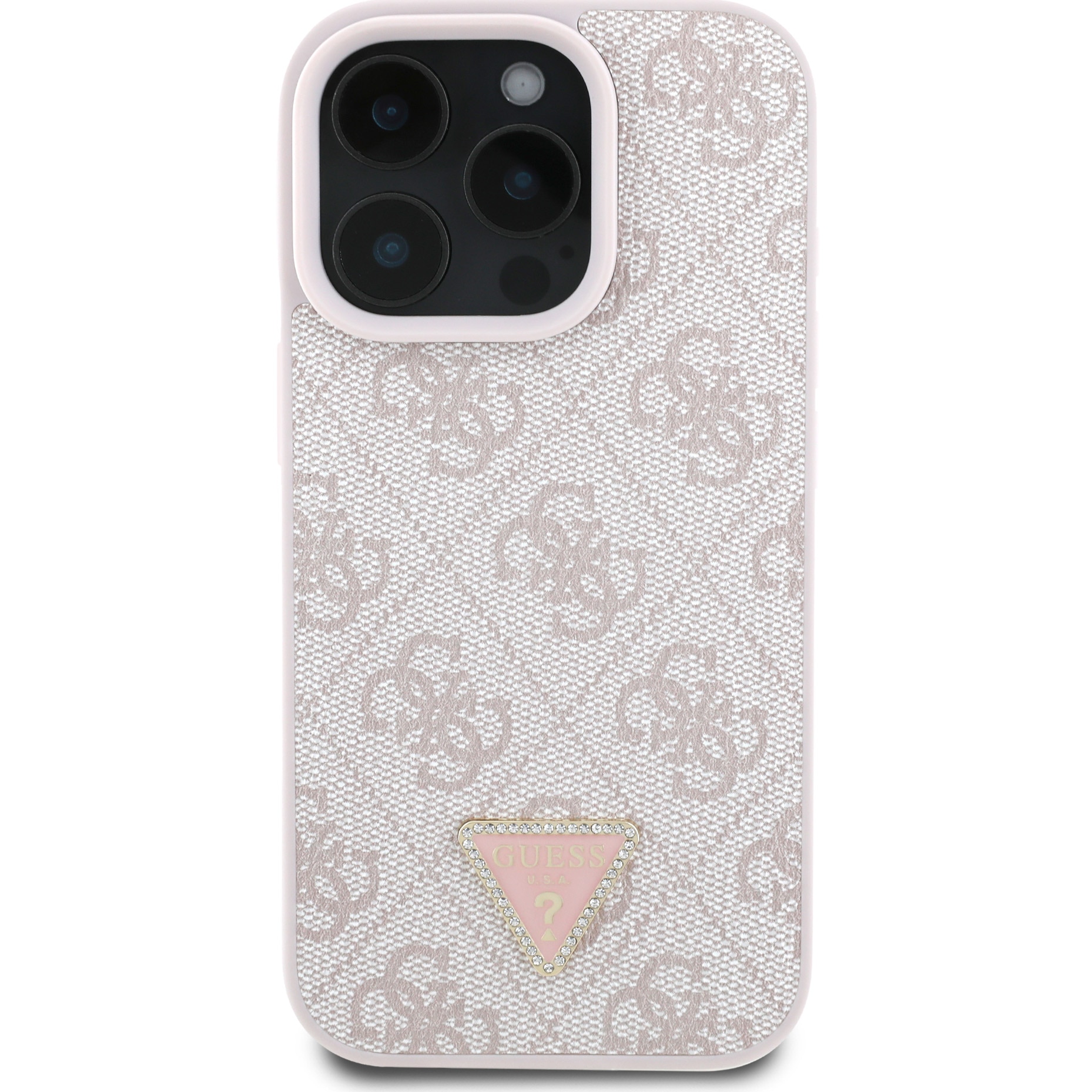 Husa de protectie Guess PU 4G Strass Triangle Metal Logo pentru iPhone 16 Pro Max, Roz