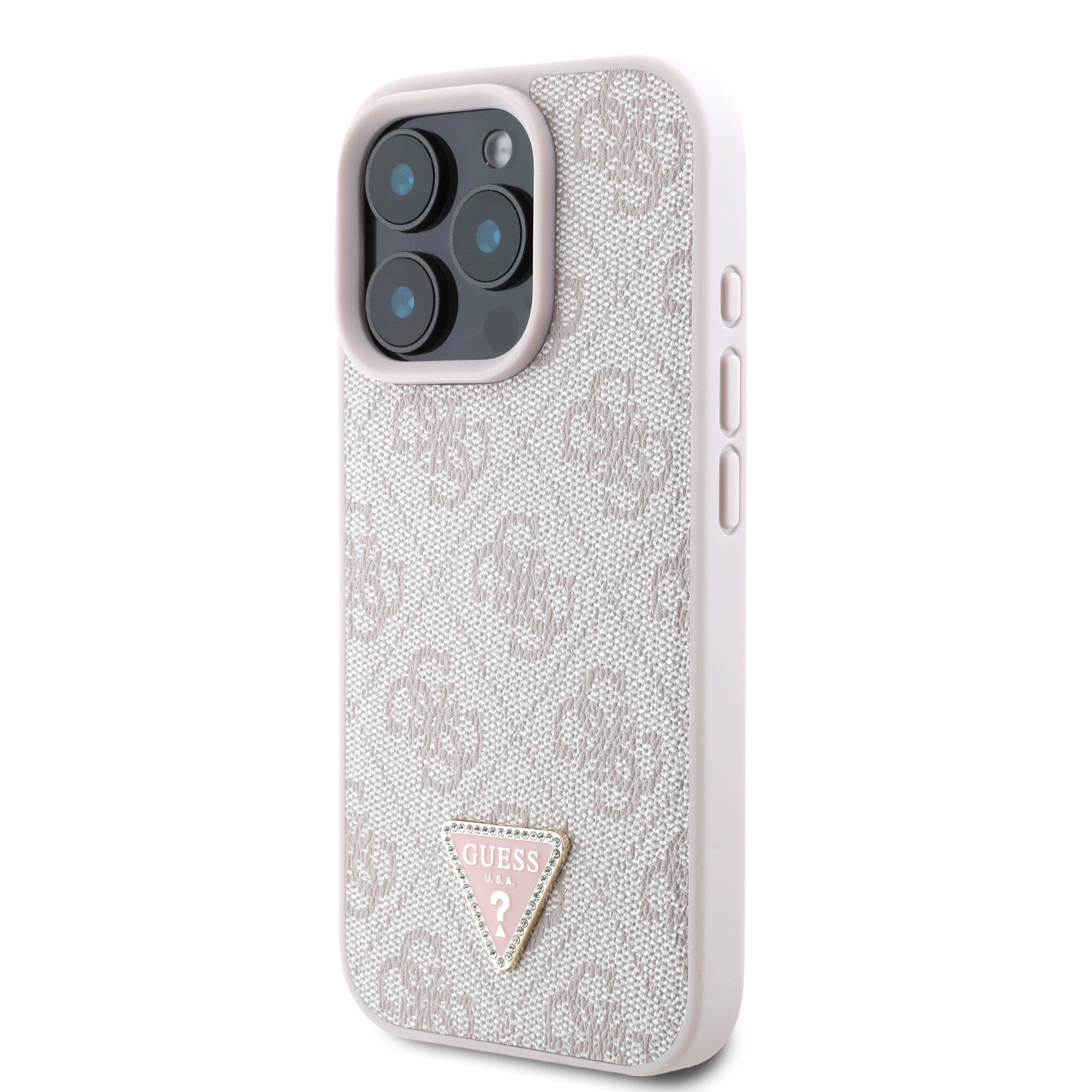 Husa de protectie Guess PU 4G Strass Triangle Metal Logo pentru iPhone 16 Pro Max, Roz