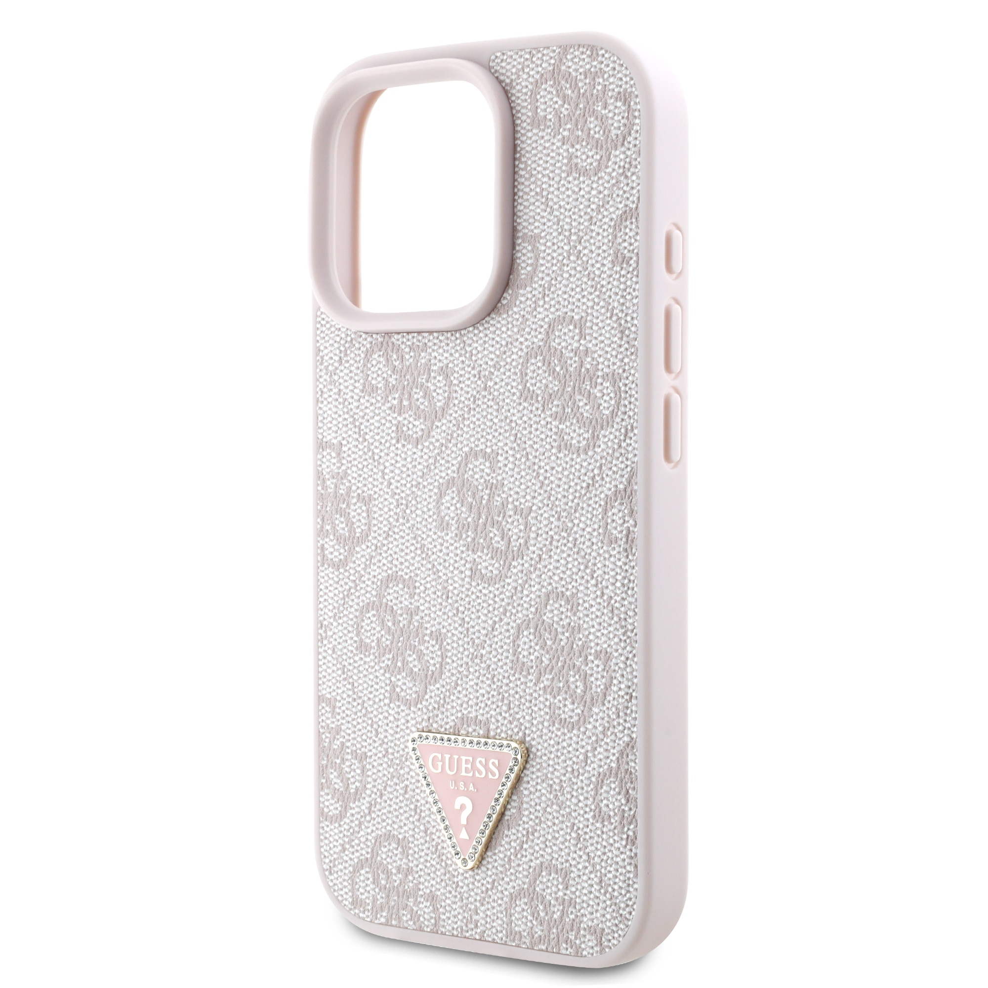 Husa de protectie Guess PU 4G Strass Triangle Metal Logo pentru iPhone 16 Pro Max, Roz