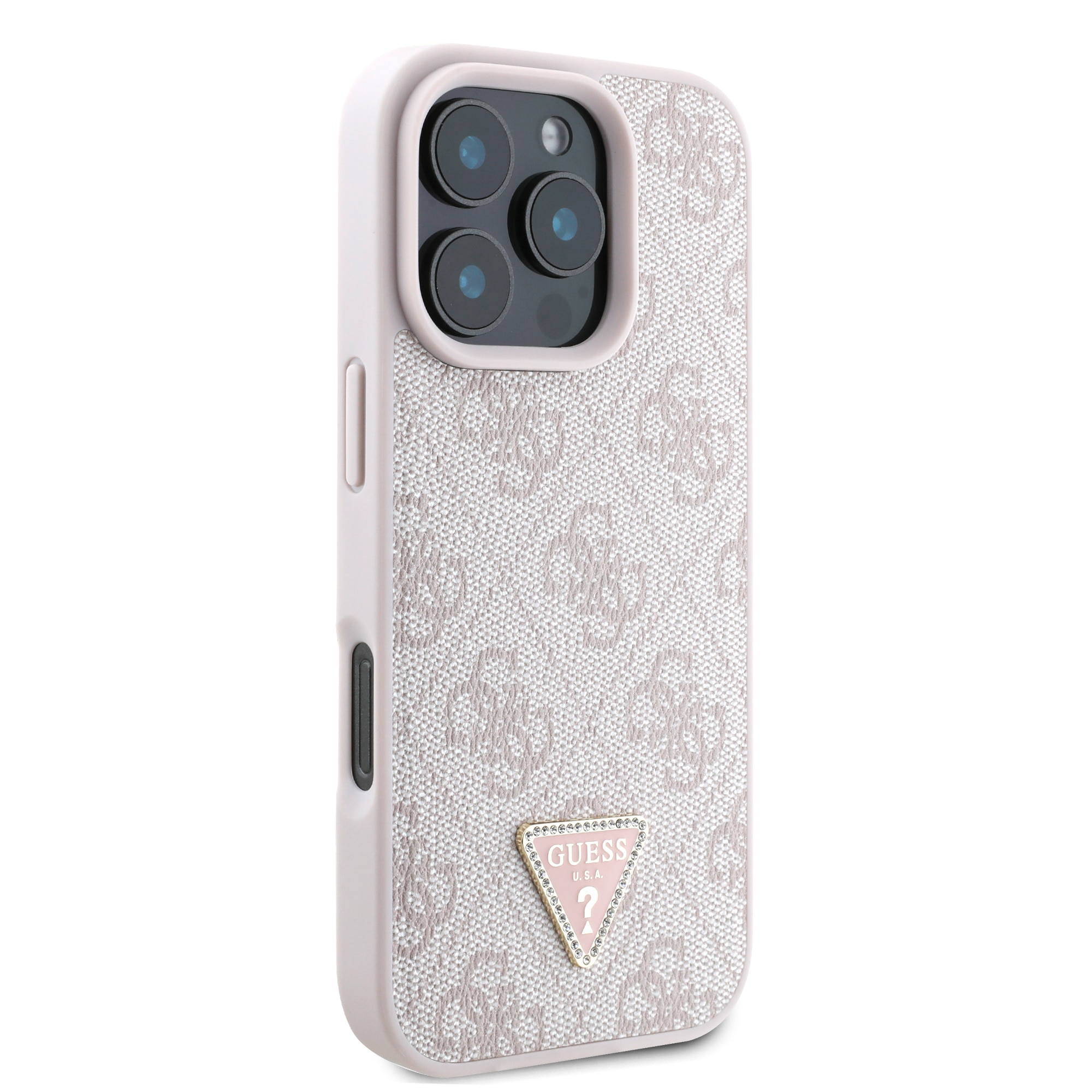 Husa de protectie Guess PU 4G Strass Triangle Metal Logo pentru iPhone 16 Pro Max, Roz