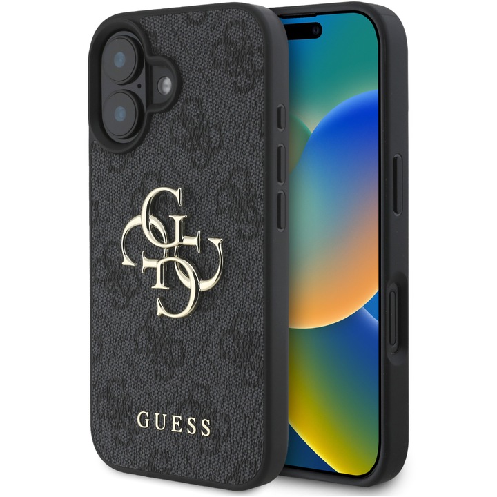 Защитен калъф Guess PU 4G Metal Logo за iPhone 16, Сив
