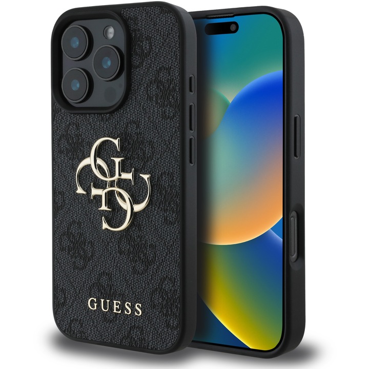 Защитен калъф Guess PU 4G Metal Logo за iPhone 16 Pro, сив