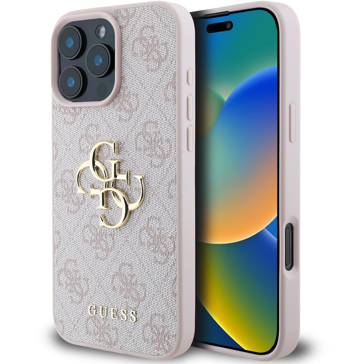 Защитен калъф Guess PU 4G с метално лого за iPhone 16 Pro, розов