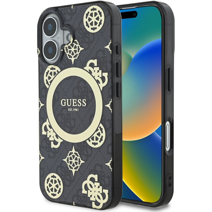 Husa de protectie Guess IML 4G Peony MagSafe pentru iPhone 16, Negru