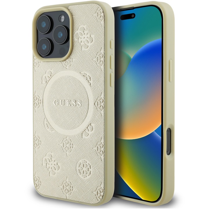 Предпазен калъф Guess Saffiano Peony Stamp MagSafe за iPhone 16 Pro, Златист
