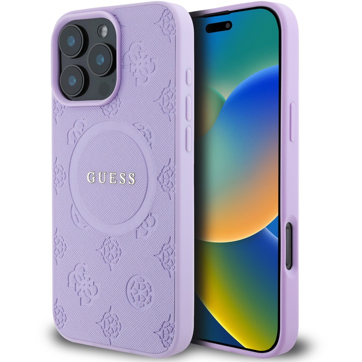 Guess Saffiano Peony Stamp MagSafe védőtok iPhone 16 Pro Max telefonhoz, lila