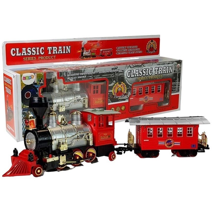 Локомотив със звуци и светлини + вагон, LEAN TOYS, 3 години+, 34 x 18,5 x 11 см/ 17 x 12 x 11 см, многоцветен