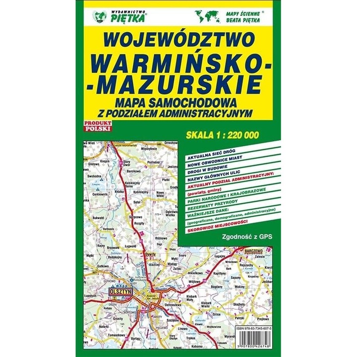 Wojewodztwo Warminsko-Mazurskie 1:220 000, Pietka, 2018, 140x240 mm, 2 pagini