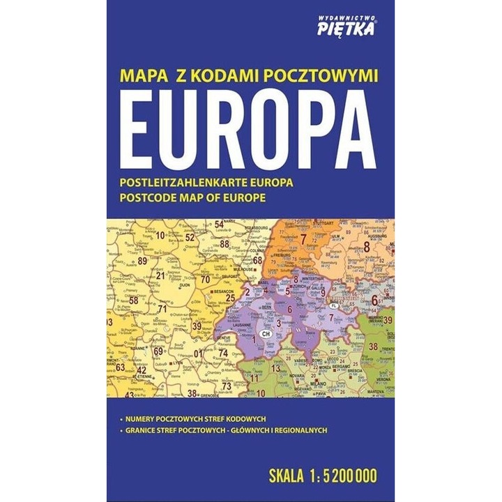 Europa Mapa z kodami pocztowymi 1:5 200 000, Pietka, 14x24 cm, 2 pagini, brosata, 2018