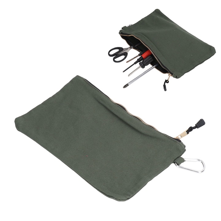 Cipzáras szerszámtáska, többfunkciós vászon, hordozható, vízálló, karabinerrel a tároláshoz, olívazöld