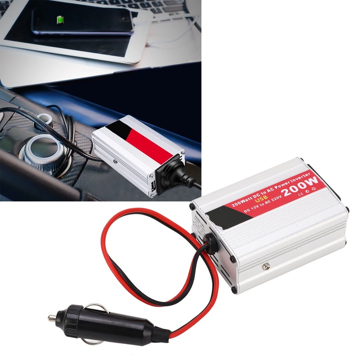 Jormftte 200W autós inverter, DC12V-ről AC220V-re, 2 USB port, 1 AC aljzat, 23 hüvelykes kábel