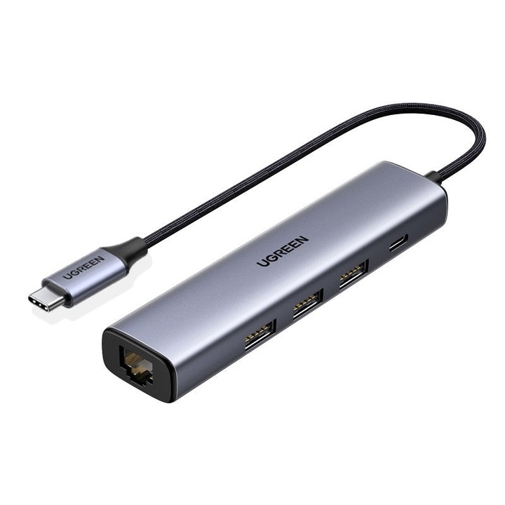 HUB UGREEN от USB-C към 3xUSB-A 3.0, RJ45, USB-C PD, Ethernet RJ-45, сив