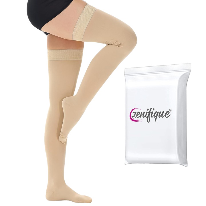 Set 2 Sosete compresive zenifique cu grad de compresie ridicat 23-32 mmHg, Pana la coapsa, Insertii din silicon, Imbunatatirea circulatiei si Prevenirea varicelor, Bej, Marime 3XL