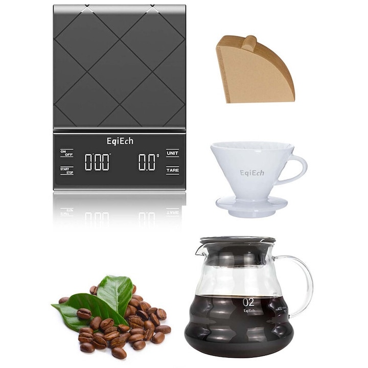Set cafetiera EqiEch V60, conica ceramica, recipient din sticla izolata 600ml, cantar electric, 100 filtre