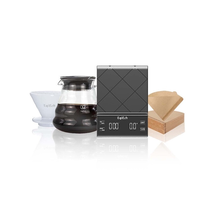 Set cafetiera EqiEch V60, ceramica/sticla, 600ml, cantar electric, 100 filtre