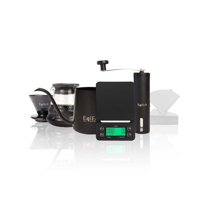 Set cafetiera EqiEch V60, 6 in 1, ceramica, sticla izolata 600ml, inox, rasnita manuala, cantar electric, filtru 100 buc.