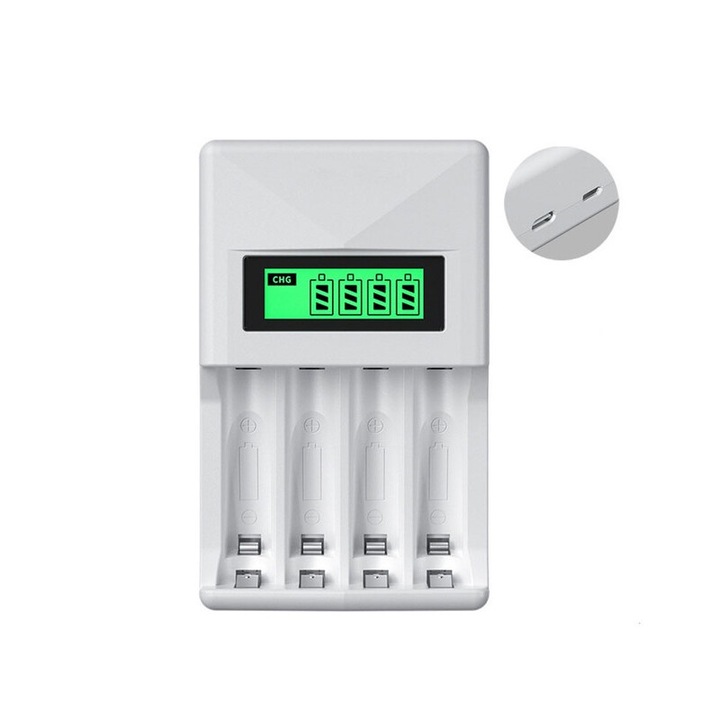 Incarcator baterii, Basesailor, 4 sloturi, display LCD, alb