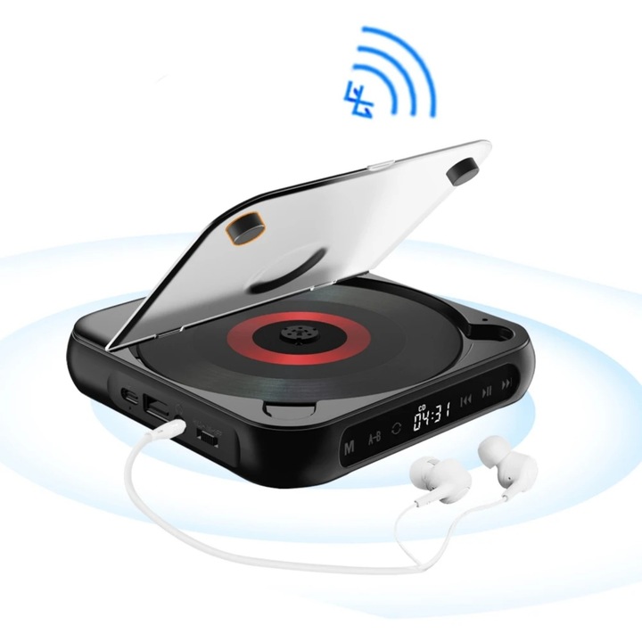 Преносим CD плейър, MOSMAOO®, 2000mAh, ABS, Bluetooth свързаност, мултифункционален, черен плат
