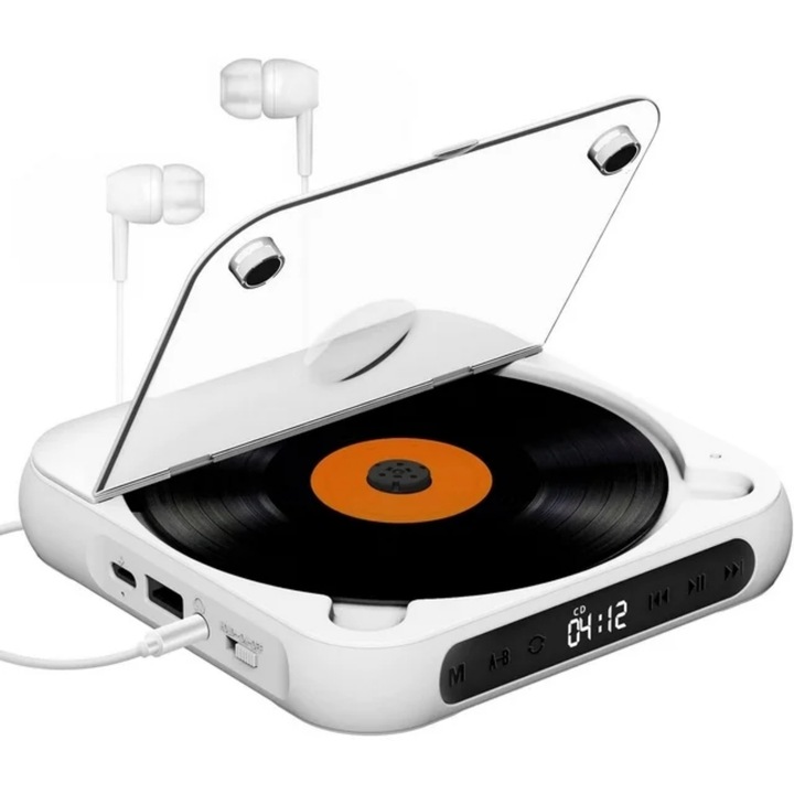 Преносим CD плейър, MOSMAOO®, USB зареждане, Bluetooth свързаност, Професионално възпроизвеждане, Млечно бяло