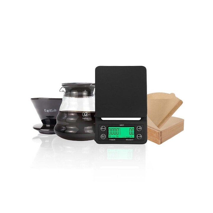 Set cafetiera EqiEch V60, ceramica/sticla izolata 600ml, cantar electric precis, 100 filtre V60