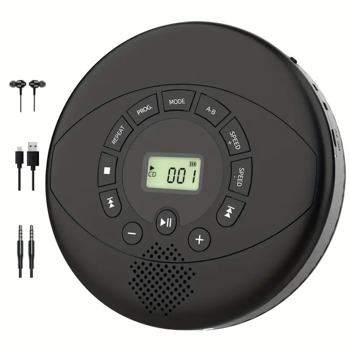 Преносим CD плейър, MOSMAOO®, Мултифункционален, Преносим, Walkman, Bluetooth свързаност, Възпроизвеждане на CD, Гланцово черно