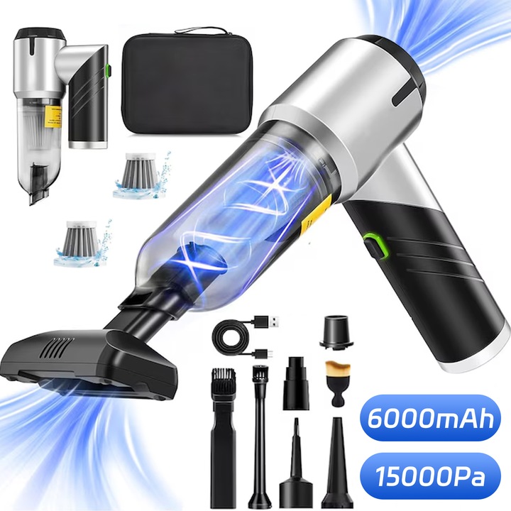 Aspirator Auto Portabil, Pliabil, BYONDSELF®, 15000 Pa, Baterie 6000mAh, 120W, Aspirare, Suflare, Pompare+Vidare, Umflare, cu Geanta de Depozit, Motor Brushless, 2 Filtru HEPA, 3 Viteze, Gri