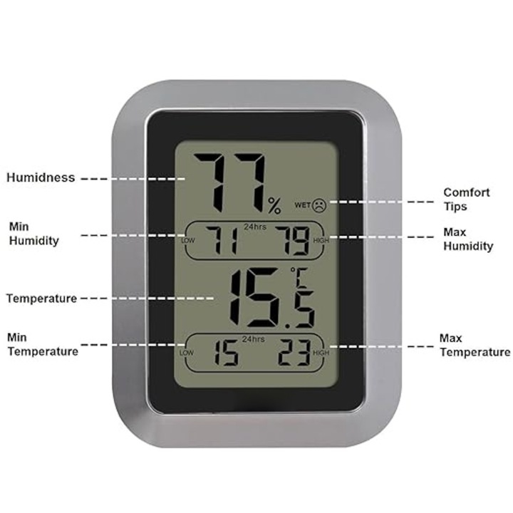 Termo-Higrometru NAXSIR Pro, Ecran LCD & Indicator Comfort, Gama Profesionala, Argintiu