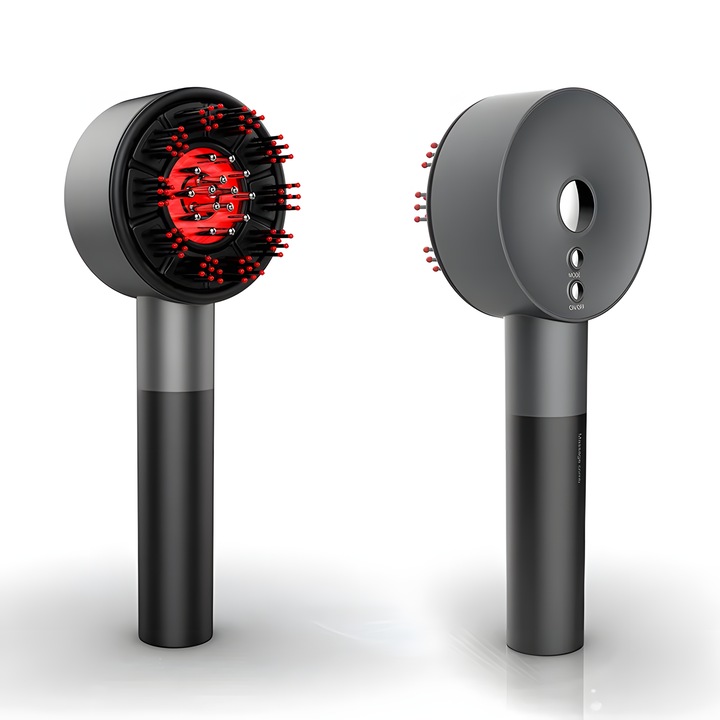 Четка за коса с апликатор за серум за скалп Mepi Tech RS-15, Масажна функция, Инфрачервена, За регенерация и растеж на косата, Лечение против косопад, Бързо усвояване на процедурите, USB, Стерилизираща основа, Сребро