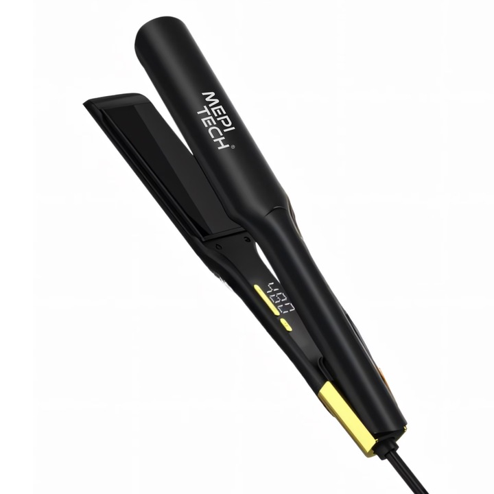Placa de indreptat parul profesionala Mepi Tech®, Placi late de Nano-Titan, Mod de incalzire Ultrarapid 80-250ºC, Mod de intretinere a parului cu Keratina, Display LCD, Rezistenta la apa, Cablu de alimentare rotativ 360, Design elegant si ergonomic