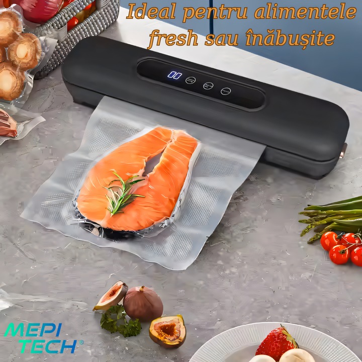Aparat de vidat si sigilat alimente Mepi Tech® HB-508, 120 W, 33 cm x 6 cm, bara de lipire de 25 cm, Functii pentru vidare uscata/praf/lichid, Ecran LED, Display Digital, include 10 pungi, Design modern, Negru