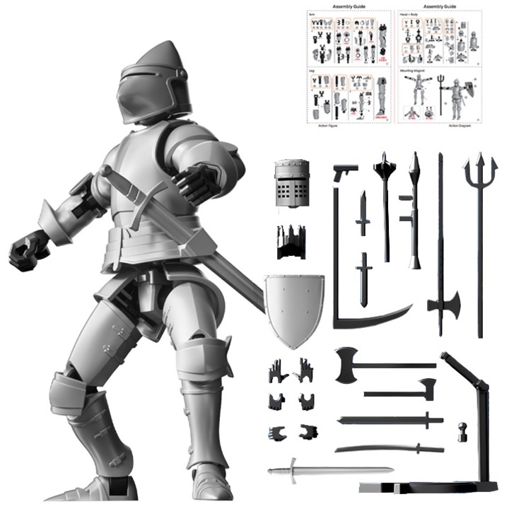 Yingyun® középkori lovag robot 3D puzzle, több ízületű akciófigura, mágneses összeállítású modell 14 fegyvertartozékkal és állvánnyal, barkács, ezüst