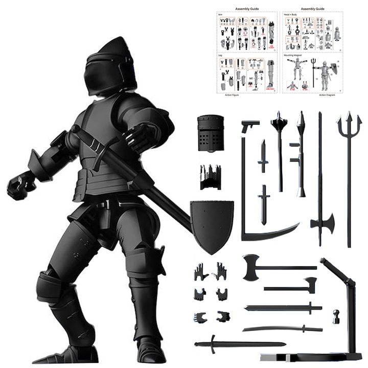 Puzzle 3D Cavaler Medieval Robot, Yingyun®, Figurine de actiune cu mai multe articulatii, Model de ansamblu magnetic cu 14 accesorii pentru arme si suport, DIY, Negru