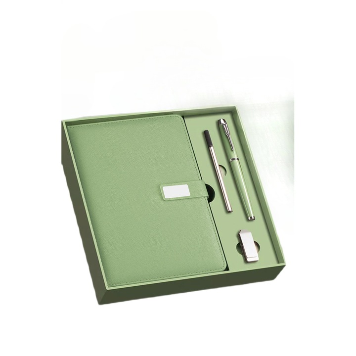 A5-ös prémium szett naplóval, fém tollal és USB 32 GB, 300 oldal, formátum 210 x 145 mm, zöld