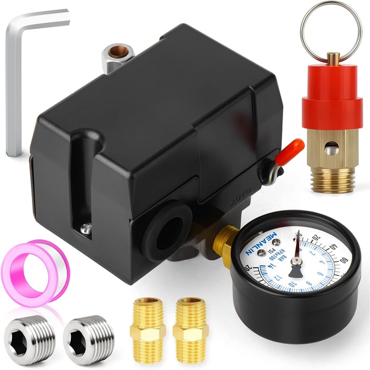 Комплект пресостат за компресори, JENOUS, 110-240 V, 12 бара максимално налягане, алуминий, черен/червен