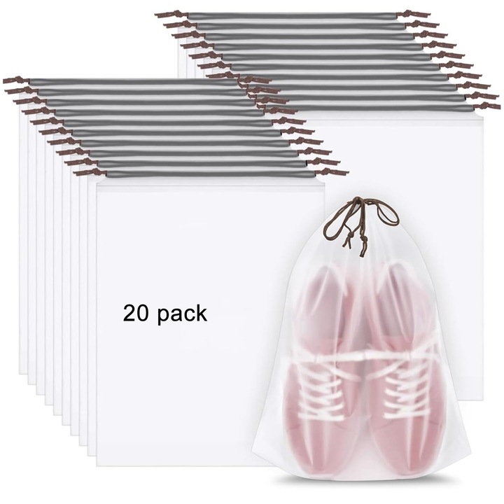 Set 20 saci pentru pantofi depozitare, Hggzeg, 30x40cm, Inchidere cu cordon, Rezistent la apa si praf, Poate fi folosit si pentru a organiza haine, articole de toaleta si accesorii, Reutilizabil, PEVA, Alb
