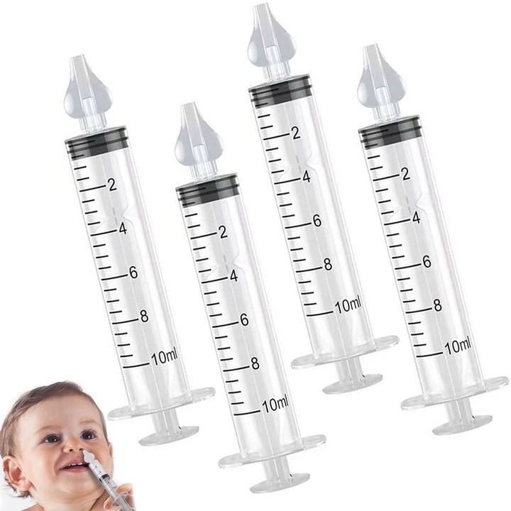 Set 4 buc Irigator tip Seringa, Hggzeg, 10ml, Presiune controlata si debit de apa uniform, Reutilizabil, Pentru Spalarea Nasului, Curatare Sinusuri si Decongestie Nazala, Plastic/Silicon, Transparent