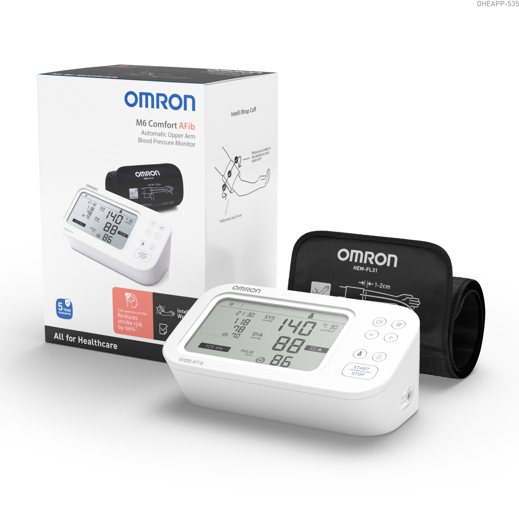 Tensiometru de Brat, Omron M6 Comfort AFib, Detectare Fibrilatie Atriala (Afib), Manseta Inteligenta Intelli Cuff, Afisaj Dual