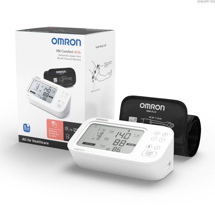 Апарат за кръвно налягане Omron M6 Comfort AFib, Откриване на предсърдно мъждене (Afib), Intelli Cuff маншет, Двоен дисплей