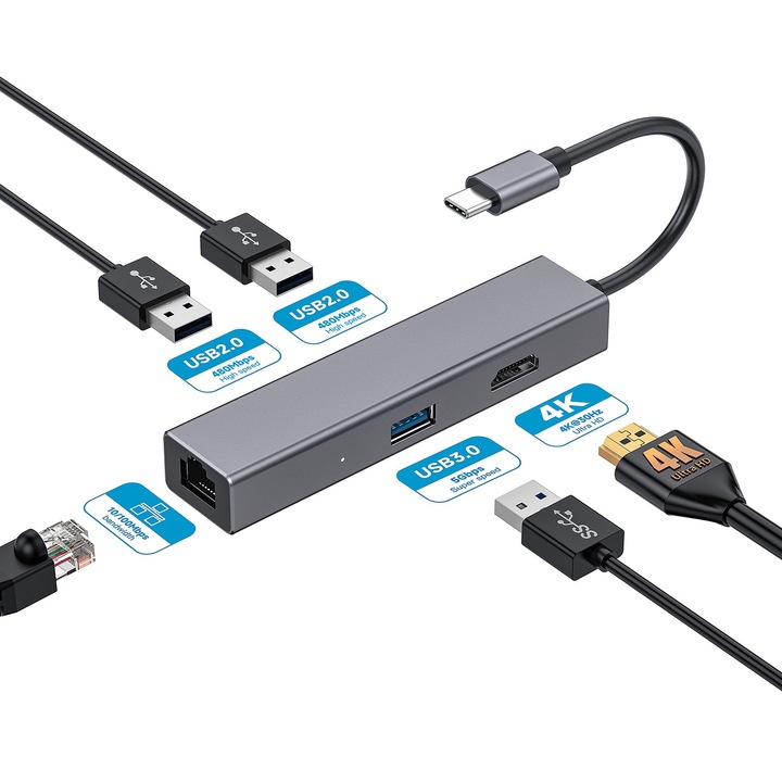 Docking station USB-C 5 in 1 DAMAIU, HDMI 4K, LAN RJ45 Ethernet, USB 2.0, USB 3.0, Hub adaptor pentru Laptop, MacBook Air/Pro, Chromebook, Tableta, Smartphone, Gri