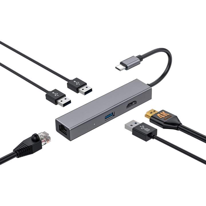 DAMAIU 5 в 1 USB-C адаптер хъб, HDMI 4K, LAN RJ45 Ethernet, USB 2.0, USB 3.0, докинг станция за лаптоп, MacBook Air/Pro, Chromebook, таблет, смартфон, сив