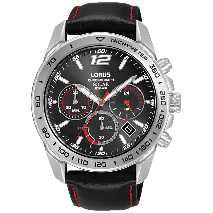 Ceas Lorus, RZ515AX9, cronograf solar, inox, negru, curea din piele, 10 ATM
