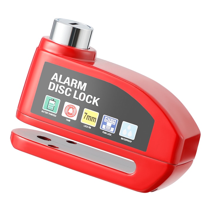Antifurt cu alarma pentru disc frana bicicleta， 110 dB, 9x7cm, rosu, set cu 2 chei