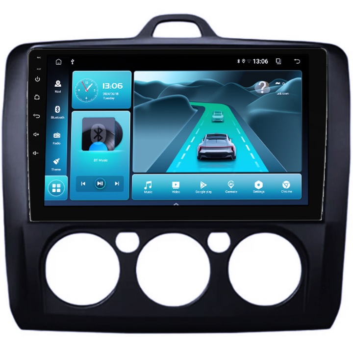 Dedikált navigációs rendszer, kompatibilis Focus 2004-2011 kézi klíma, fekete, 4 GB RAM 64 GB ROM, négymagos, 9" QLED kijelző, Carplay és Android Auto, Android 14, AHD kamera támogatás