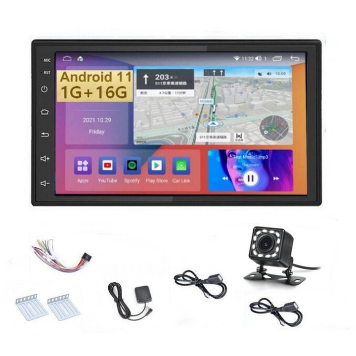 Navigatie Android 11 Quad Core GPS Display IPS 7 Full Touch Amplificator Memorie 16GB Stocare,1GB DDR3 RAM Dimensiuni 178x102 mm universala Golf Passat Polo, Tiguan, Touran, Skoda Seat camera 12 led