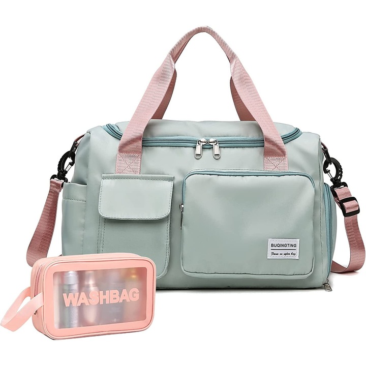 Geanta sport de dama, DUAIU, impermeabila, cu compartiment pentru pantofi si geanta umeda, 30 litri, 50x20x28 cm, fermoar dublu, multifunctionala, poate fi folosita in sala de fitness, sala de fitness sau in calatorii, verde