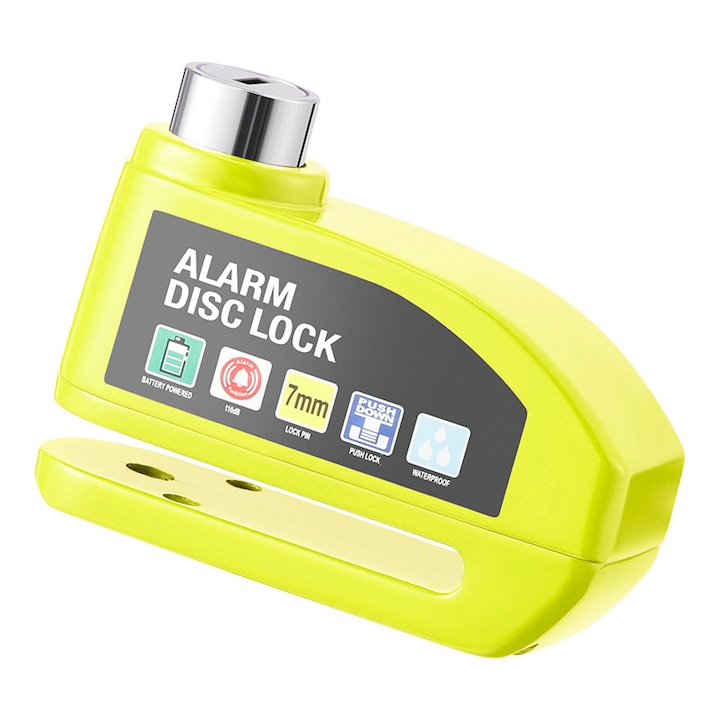 Antifurt cu alarma pentru disc frana bicicleta 110 dB, 9x7cm, galben, set cu 2 chei
