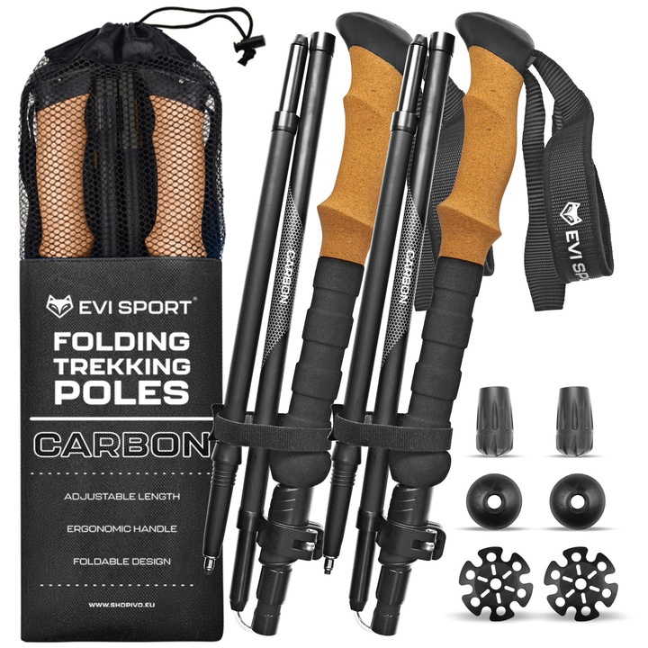Bete de Trekking EVI SPORT Active Pro Carbon, Pliabile si Reglabile, Maner Pluta Naturala, Fibra de Carbon, 110-130 cm, Negru