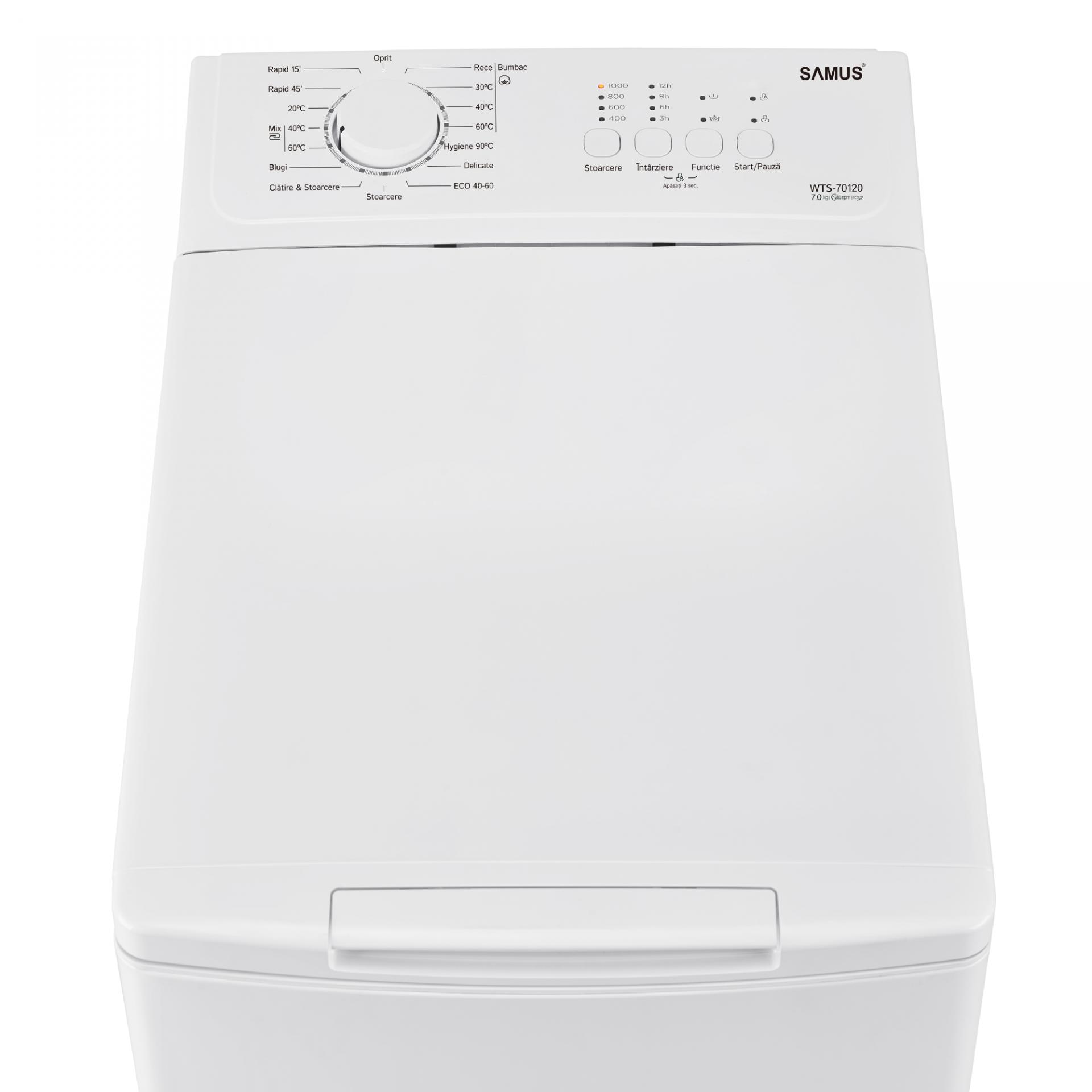 Masina de spalat rufe verticala Samus WTS-70122, 7kg, 1200 rpm, latime 40 cm, clasa C, 15 programe, panou control cu leduri, pornire intarziata, auto-echilibrare tambur, blocare acces copii