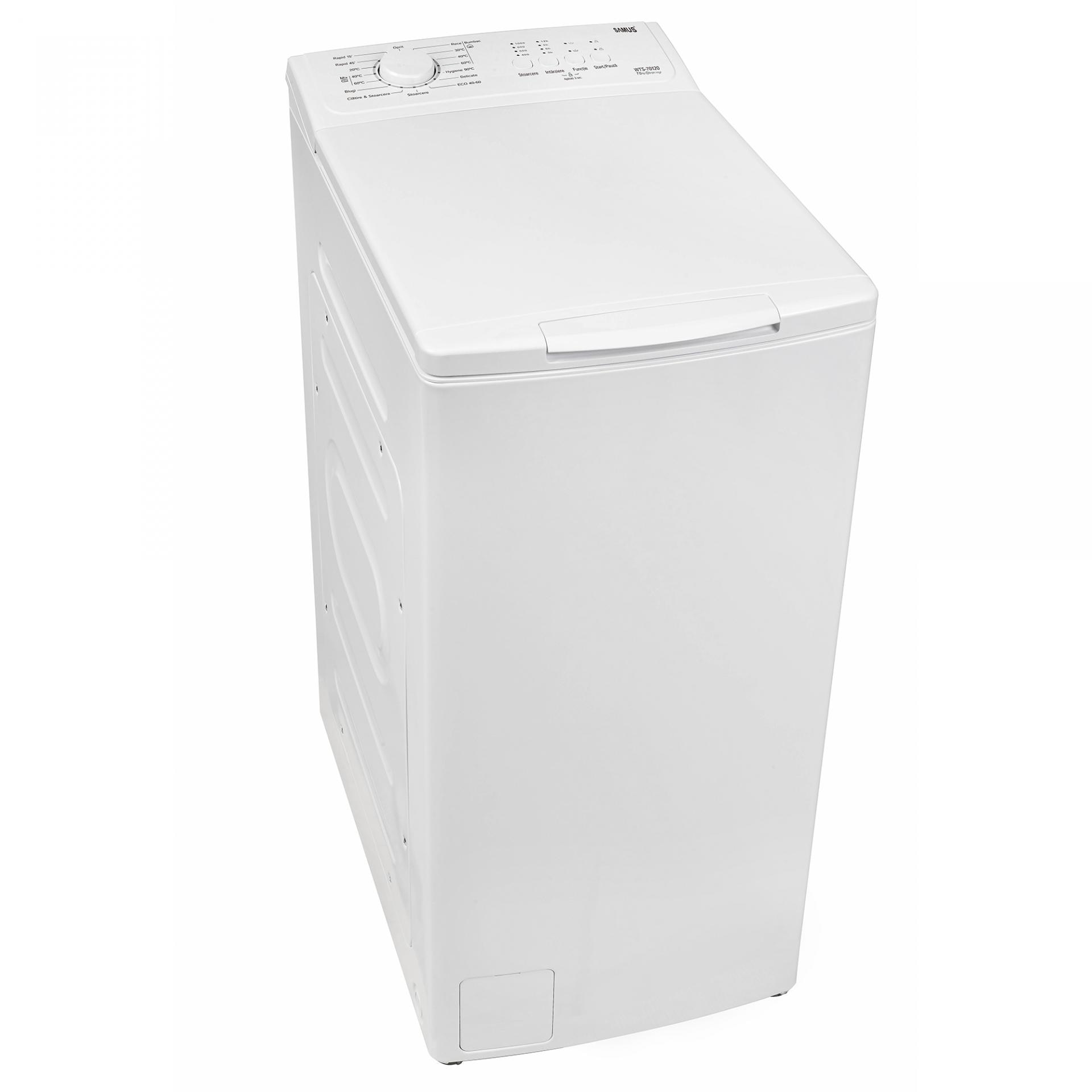 Masina de spalat rufe verticala Samus WTS-70122, 7kg, 1200 rpm, latime 40 cm, clasa C, 15 programe, panou control cu leduri, pornire intarziata, auto-echilibrare tambur, blocare acces copii