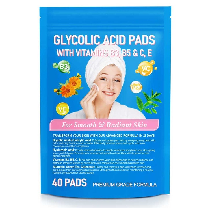 Dischete Premium pentru Ten NOVA KISS® cu Acid Glicolic, Acid Salicilic & Hialuronic, Vitamine B3, B5, C, E, Alantoina & Galbenele, 40 bucati